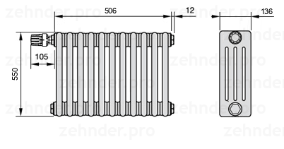 Схема (чертеж) Радиатор Zehnder Charleston 4055/11 №V012 Белый глянцевый RAL 9016